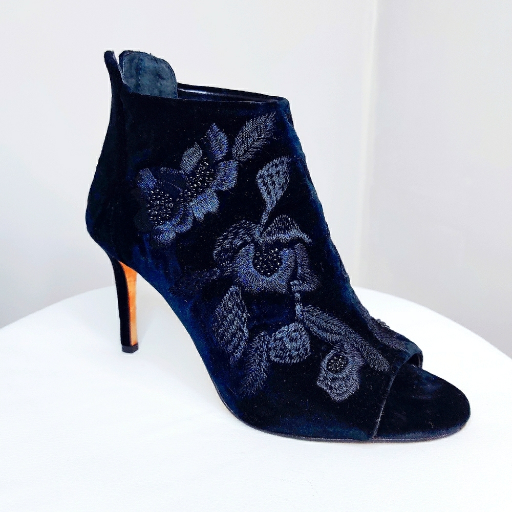 Vince Camuto Velvet Embroidery Open Toe Pumps